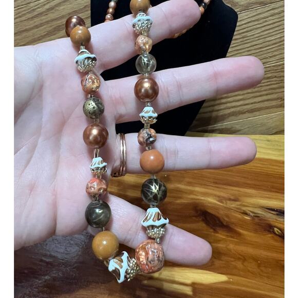 Vintage Textured Beaded Earth Tone Hues Long Necklace Layering Jewelry 16 Inch - Picture 7 of 7
